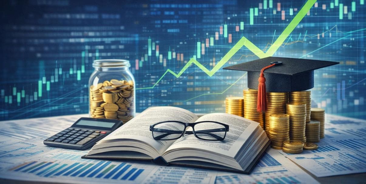 Financial education concept with graduation cap, books and financial growth chart