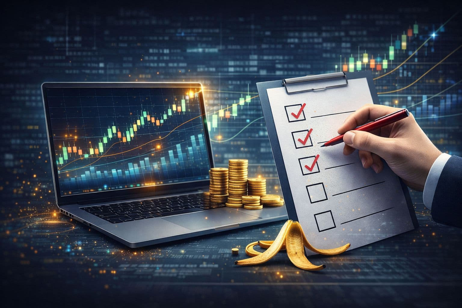 Common beginner trading mistakes concept with checklist and market charts