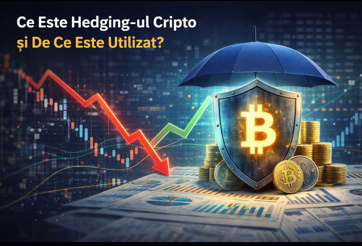 Crypto hedging concept with shield, bitcoin symbol and financial risk chart