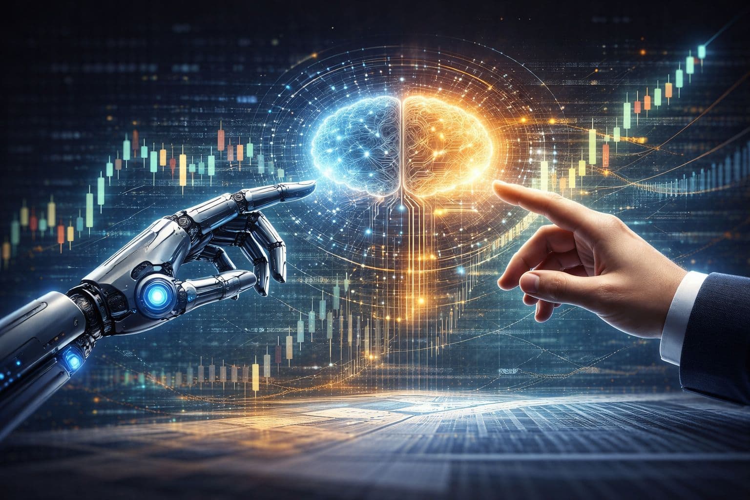 Technology versus human decision in trading with AI brain and financial charts