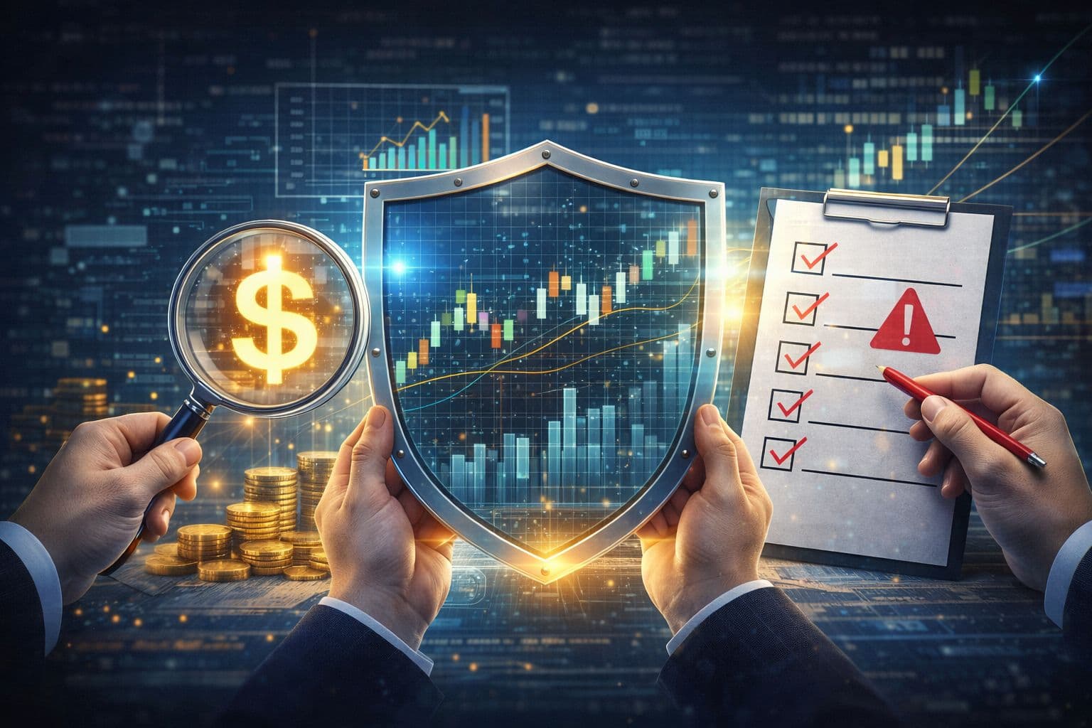 Financial transparency and risk disclosure concept with shield and checklist