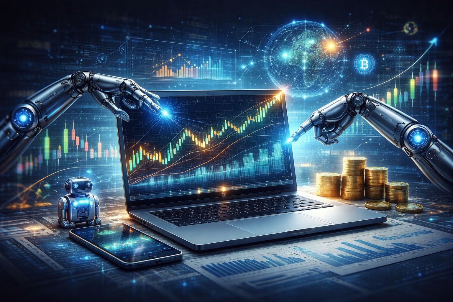 Automated trading system with robotic arms and financial market dashboard